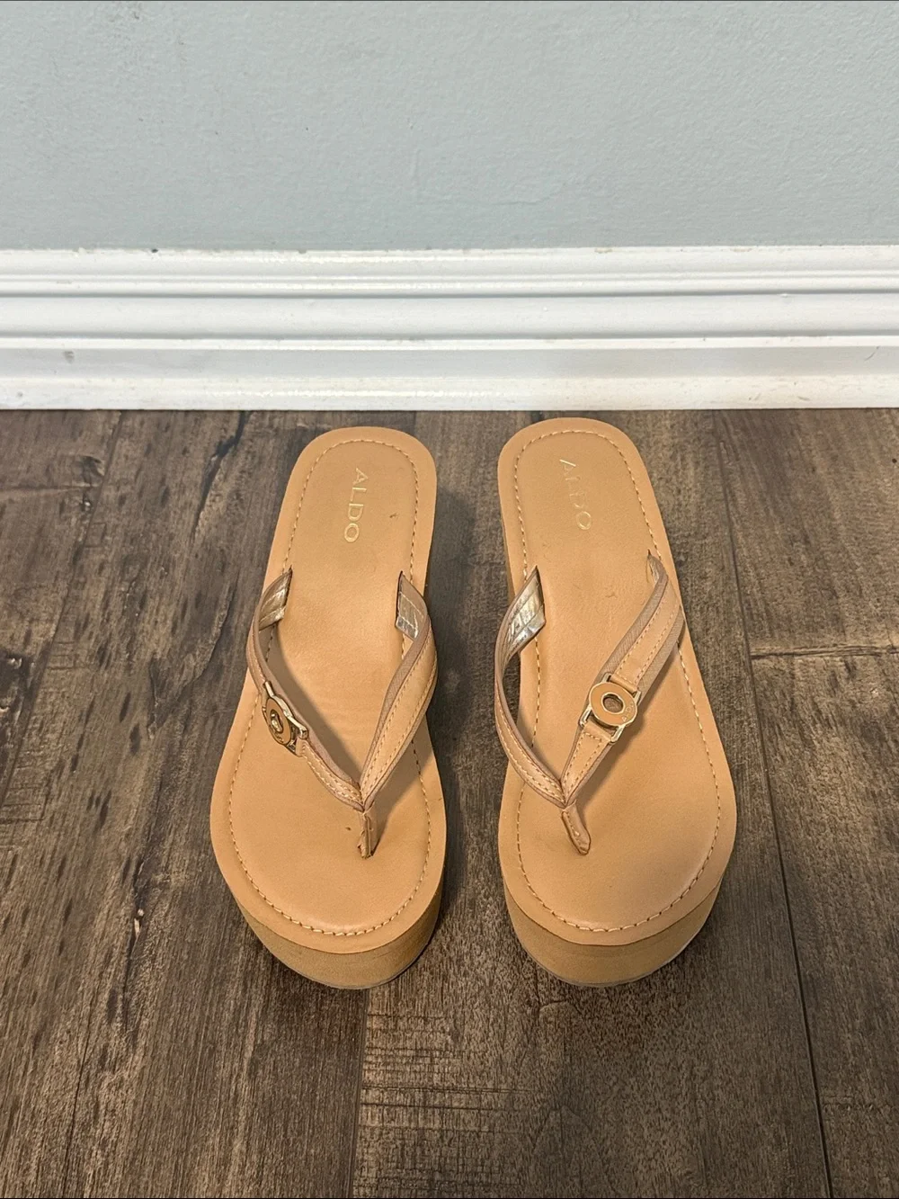 ALDO Tan Platform Wedge Thong Sandals with Metallic Accent